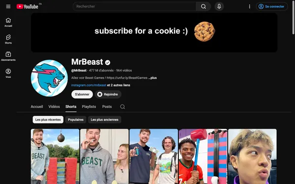 YouTube creator profile with Shorts tab open