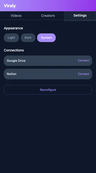 Viraly settings panel with Drive and Notion connections