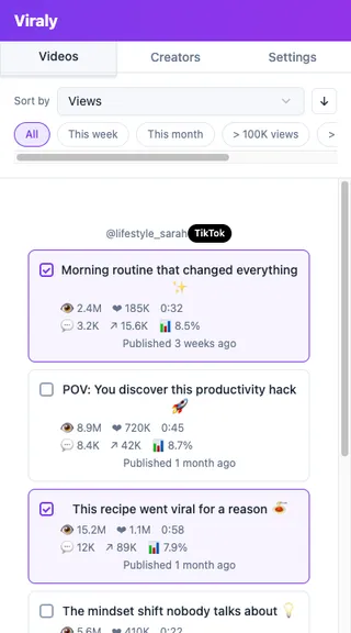 Viraly extension side panel showing scanned TikTok videos sorted by views